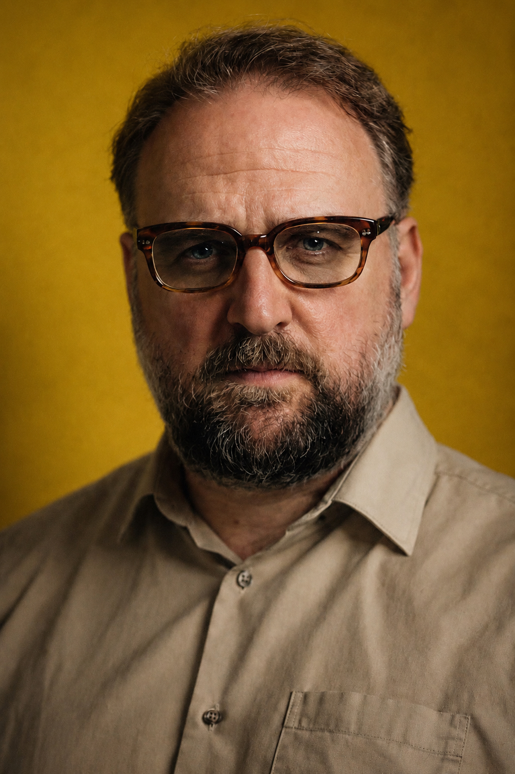 Porträt von Ronny Schuster mit dunkler Brille und beigem Hemd.