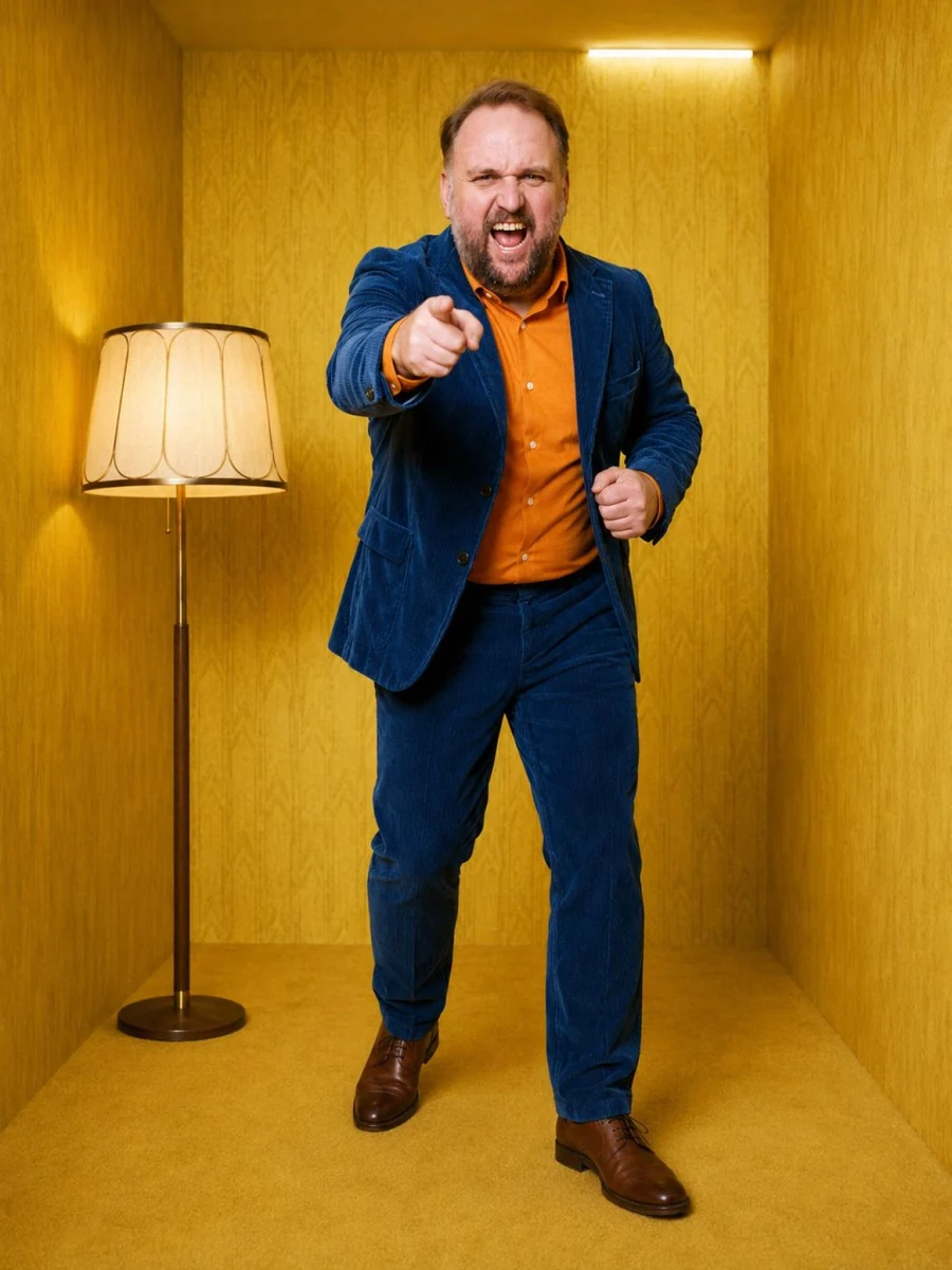 Ganzkörperaufnahme von Ronny Schuster im blauen Anzug und orangefarbenen Hemd.