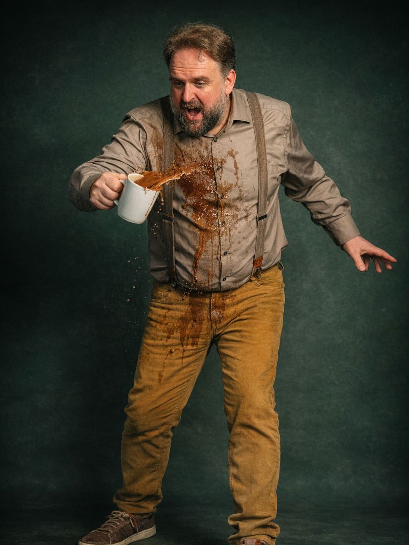 Ronny Schuster in Hemd, Hosenträgern und senffarbener Hose mit verschüttetem Kaffee.