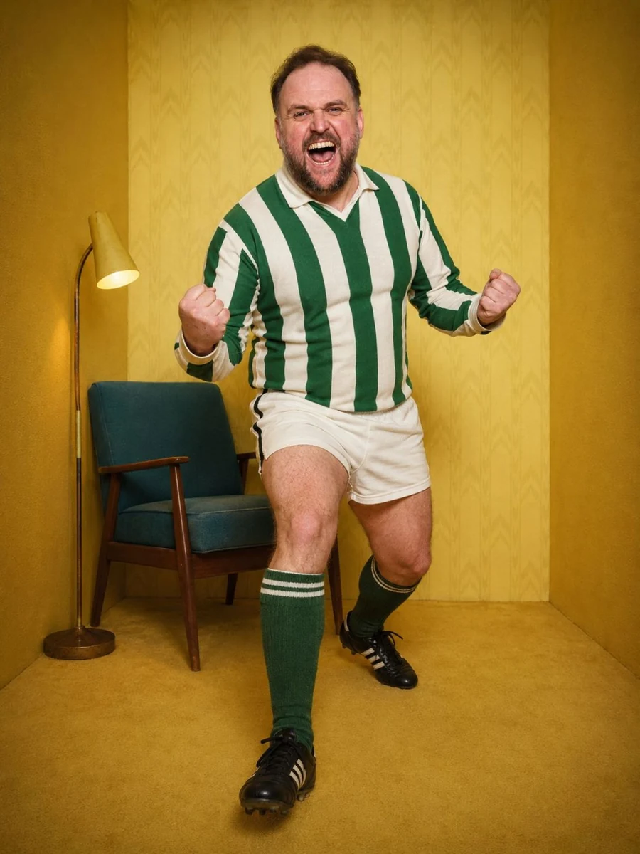 Ronny Schuster im grün-weiß gestreiften Fußballtrikot mit weißen Shorts.