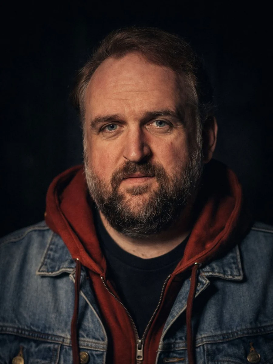 Ronny Schuster in Jeansjacke und rotem Kapuzenpullover.